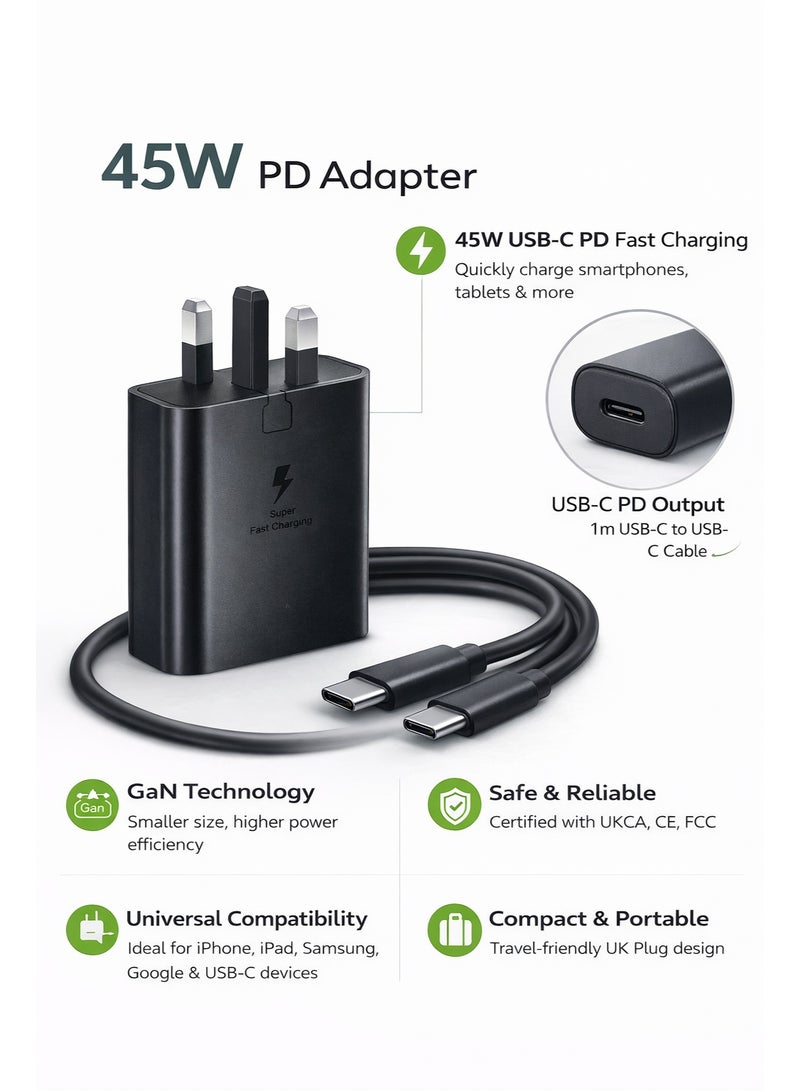 جولدن بلس شاحن فائق السرعة USB-C بقوة 45 واط مع كابل من النوع C بطول 1 متر، متوافق مع أجهزة سامسونج S24 وS23 ألترا، وآيفون 15 برو ماكس، وآيباد، وماك بوك. شاحن جداري USB-C للشحن السريع. - Image 1